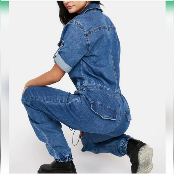 American Bazi cinched waist zip up medium wash denim jumpsuit size M - Picture 2 of 9